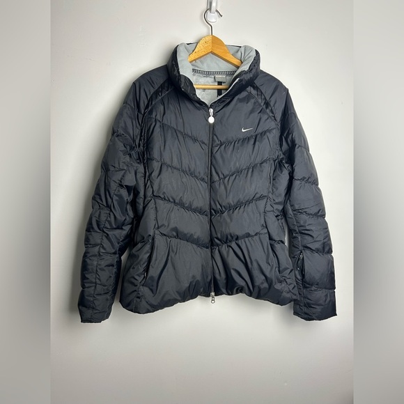VTG Y2K Nike Puffer Duck Down Jacket Size XL Center Whoosh Black Womens Comfy - Picture 1 of 16